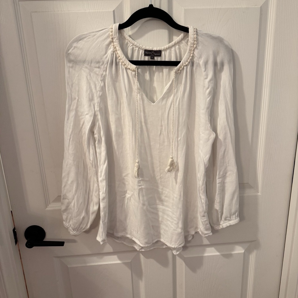 Market & Spruce Blouse Women's Sz L White 3/4 Sleeve Boho Crochet‎ Elbows V-neck